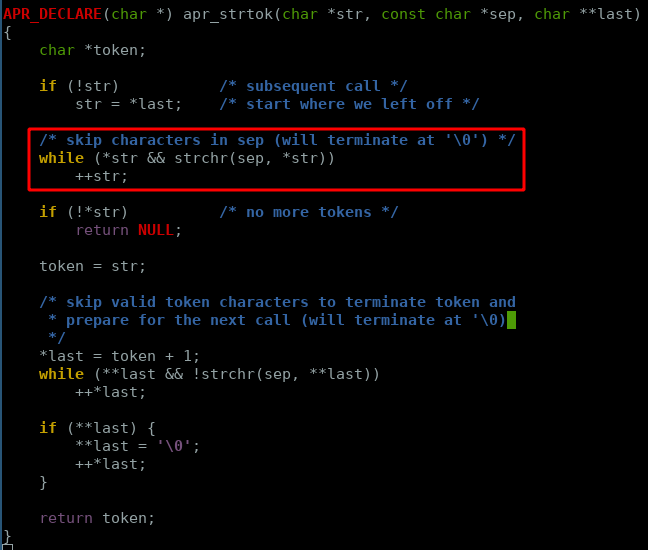 apr_strtok NULL pointer dereference inside the while loop